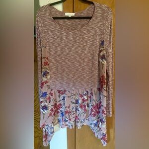 Umgee 22”PTP SzXL Burgundy White Striped Top w-Floral Pattern